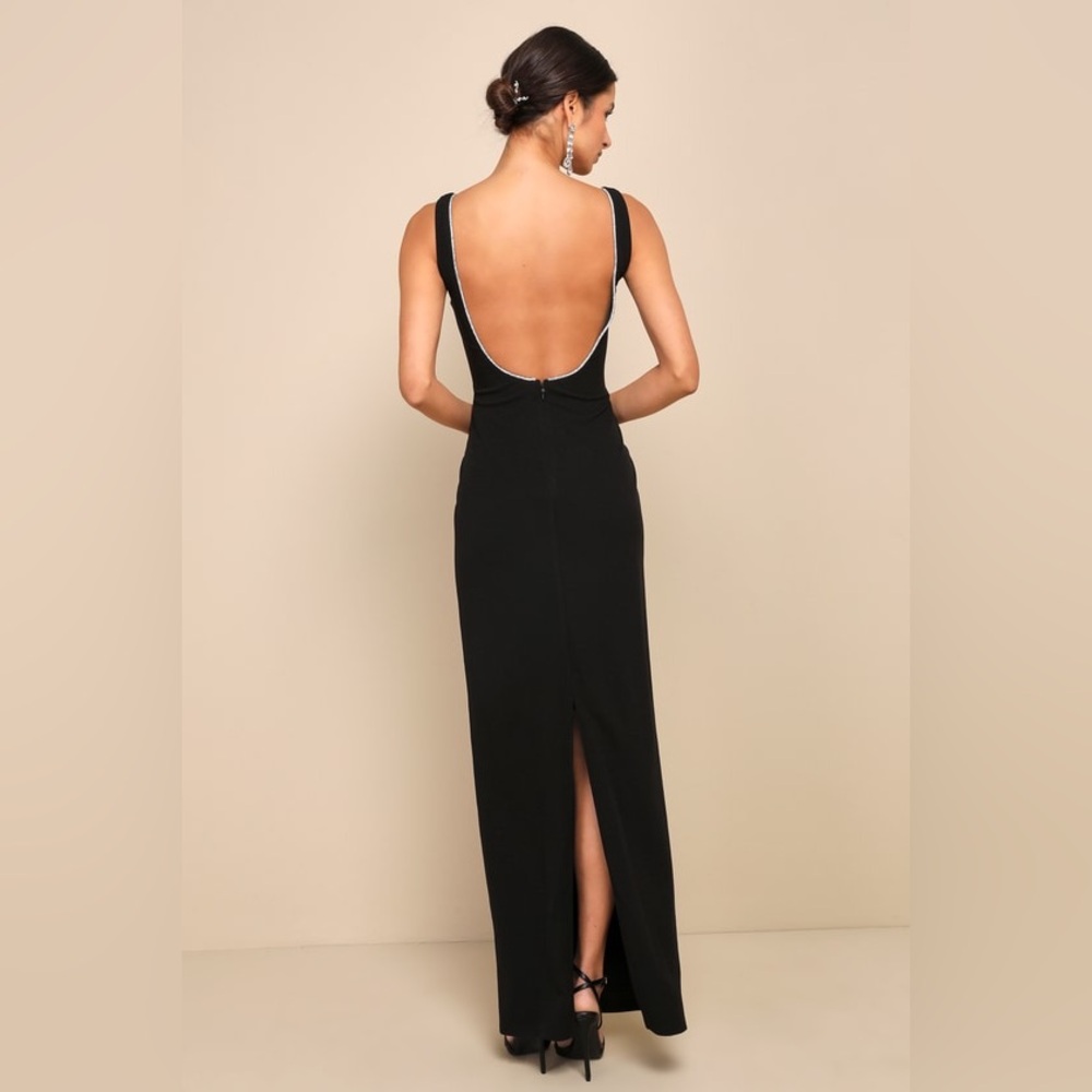 Elegant Black Evening Dress - BLACK RHINESTONE SQUARE NECK BACKLESS